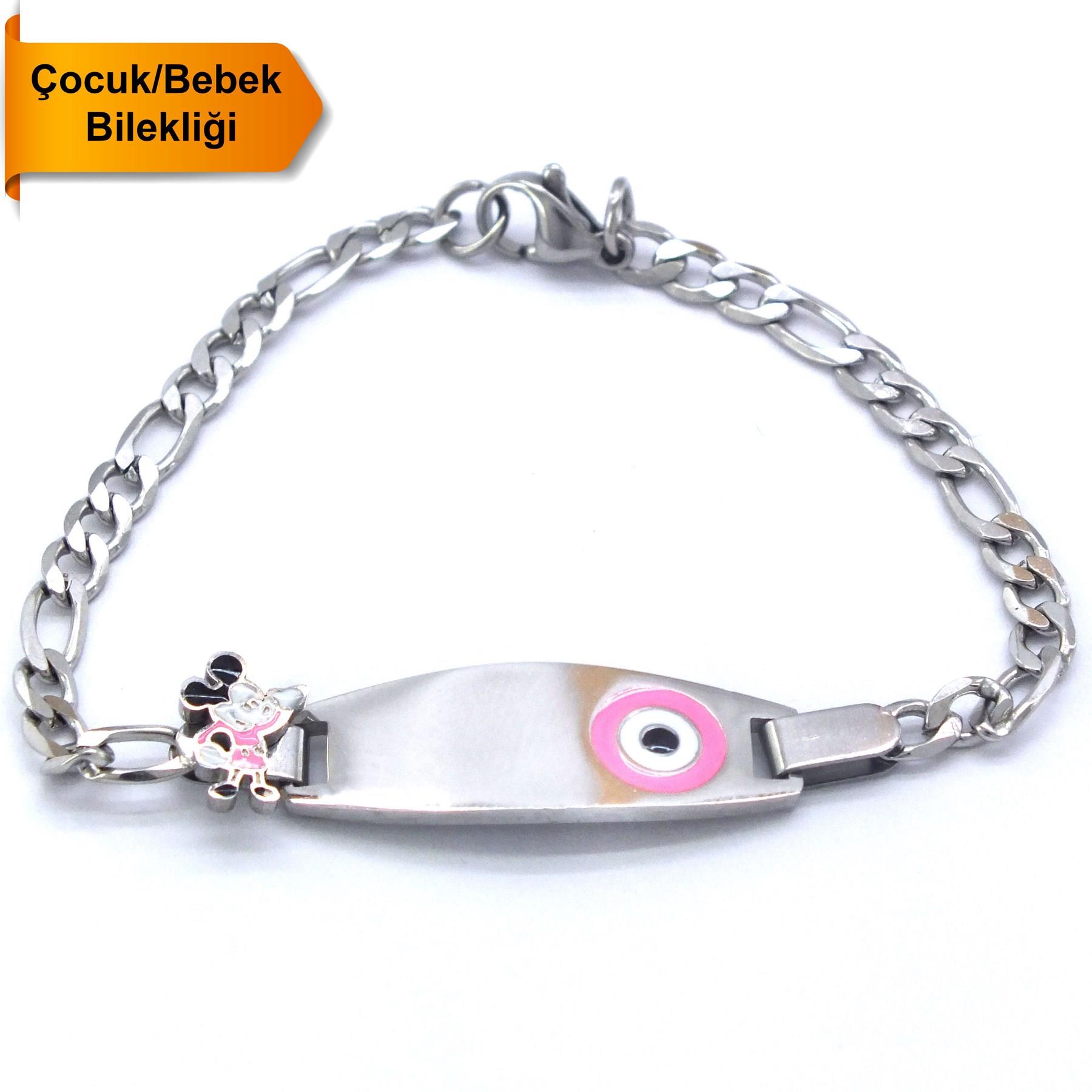 Bebek Bileklik Çelik Pembe Nazar Boncuklu Mickey Mouselu BLK-960