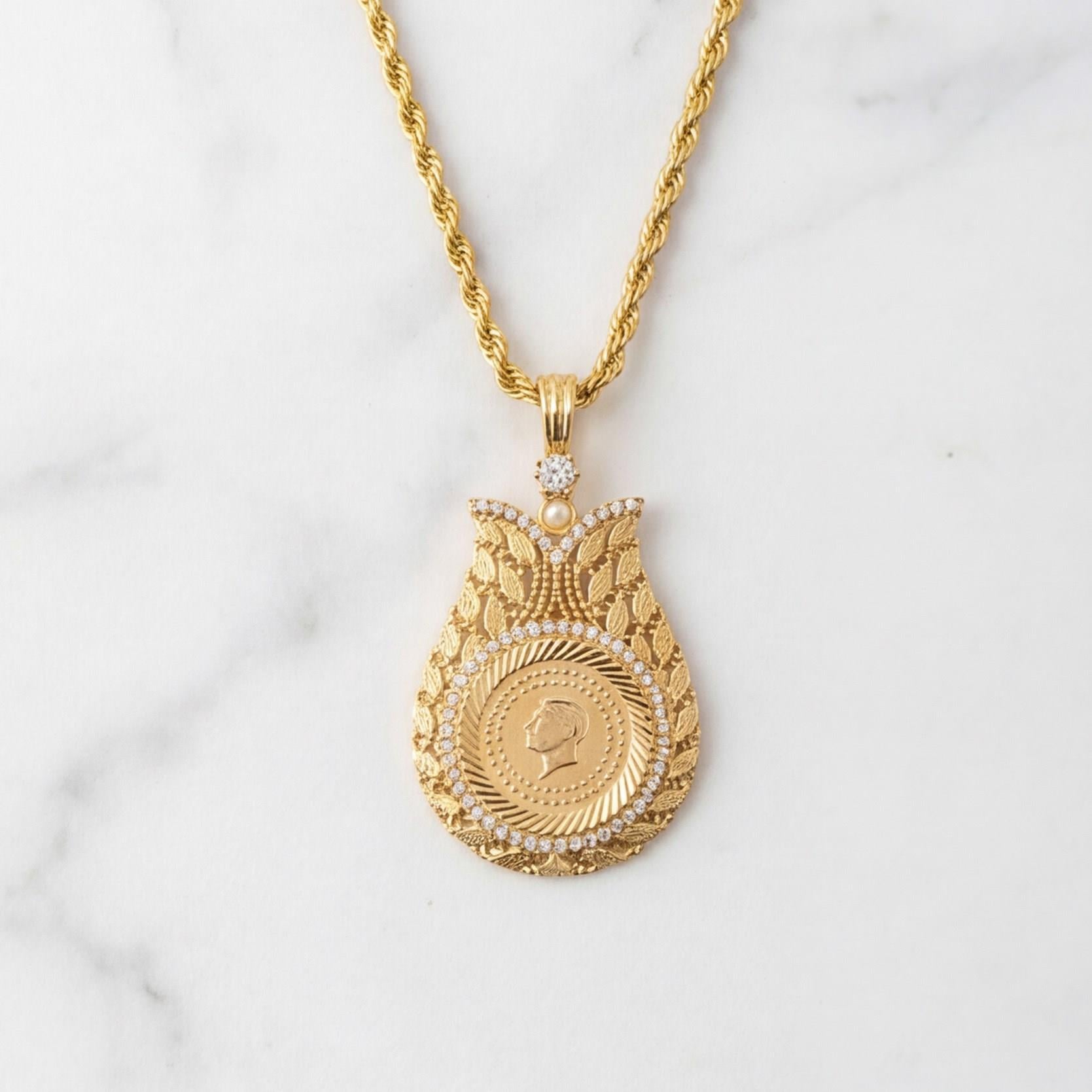 Altın Kaplama Çeyrek Altınlı Kolye - Arpa Model 45 CM BND-161