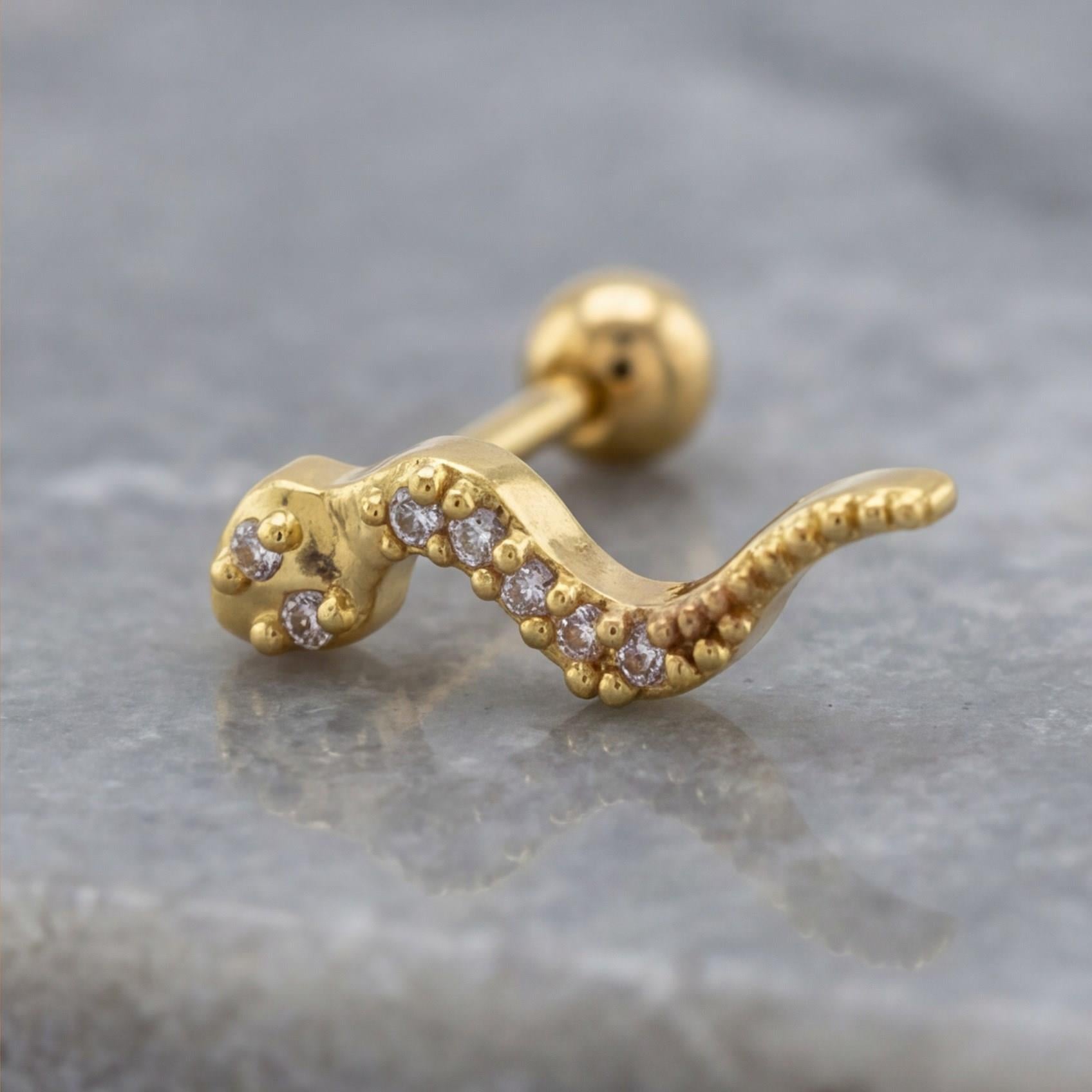 Altın Kaplama Zirkon Taşlı Yılan Şekilli Piercing PRC-144