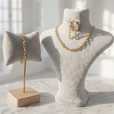 14 Ayar Altın Kaplama İnce Tiffany Model Kolye - Küpe - Bileklik Takı Seti  TH-0123