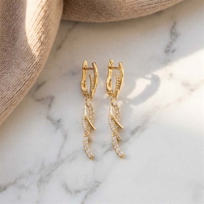 14 Ayar Altın Kaplama Kıvrımlı Taşlı Küpe RH-0980