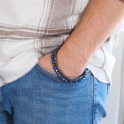 316L Erkek Çelik Bileklik Lacivert Hematit Taşlı Spor Zincir Bileklik EBLK-458