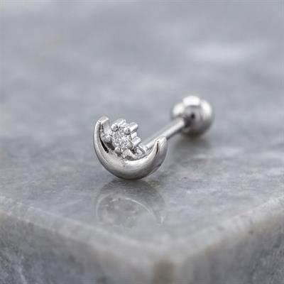316L Çelik Zirkon Taşlı Ay Yıldız Şekilli Piercing PRC-179