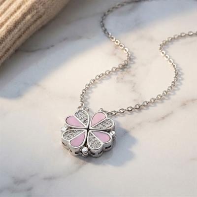 316L Çelik Zirkon Taşlı Pembe Açılabilir Yonca Kolye KLY-569