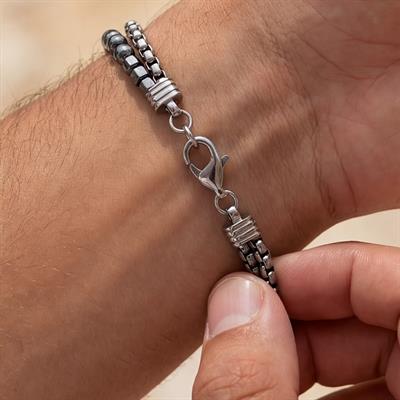 316L Erkek Çelik Bileklik Gri Hematit Taşlı Spor Zincir Bileklik EBLK-457