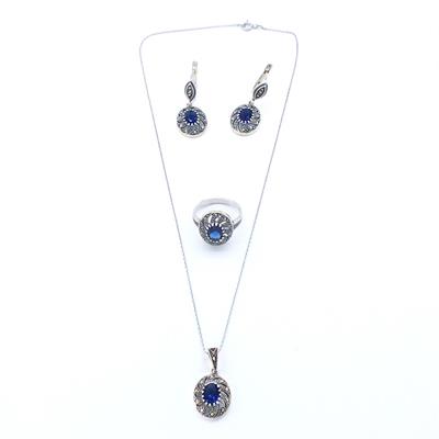 925 Ayar Mavi Akik Taşlı Gümüş Set GSET-100