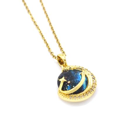 Altın Kaplam Mavi Sedef Taşlı Ay Kadın Kolye KLY-583