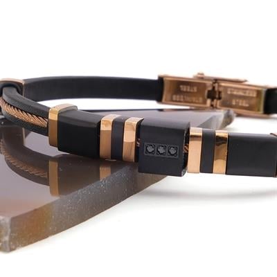 Altın Kaplama Deri Siyah Erkek Bileklik EBLK-336