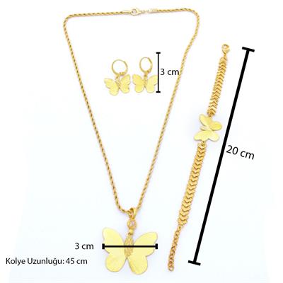 Altın Kaplama Kelebek Şekilli Kolye Küpe Bileklik Set SET-119