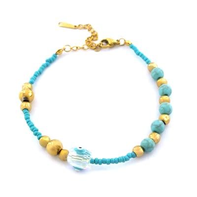 Altın Kaplama Mavi Doğal Taş Boncuklu Halhal HAL-191