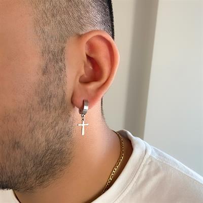 Çelik Sallatantılı Küpe Haç Modelli Halka Küpe UNK-660