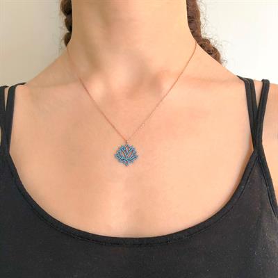 Mavi Taşlı Lotus Çiçeği Rose Gümüş Kolye GK-197