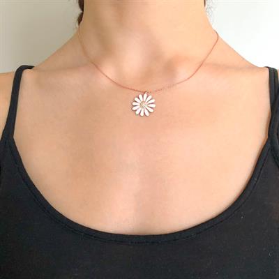 Zirkon Taşlı Beyaz Çiçek Rose Gümüş Kolye GK-216