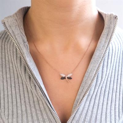 Zirkon Taşlı Çift Renk Yusufçuk Rose Gümüş Kolye GK-233