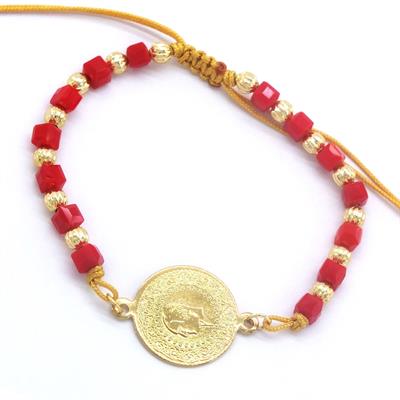 Altın Kaplama Çeyrekli Kırmızı Boncuklu ipli Bileklik BLK-968