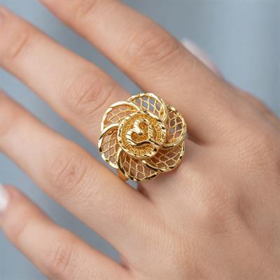 Altın Kaplama Çiçek Motifli İşlemeli Ayarlanabilir Kadın Yüzük YZK-517