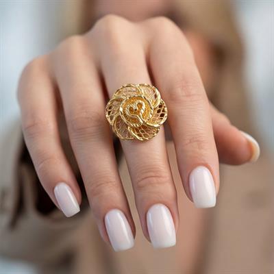 Altın Kaplama Çiçek Motifli İşlemeli Ayarlanabilir Kadın Yüzük YZK-517