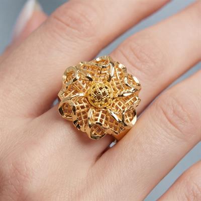 Altın Kaplama Çiçek Motifli İşlemeli Ayarlanabilir Kadın Yüzük YZK-519