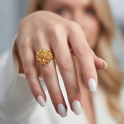 Altın Kaplama Çiçek Motifli İşlemeli Ayarlanabilir Kadın Yüzük YZK-519