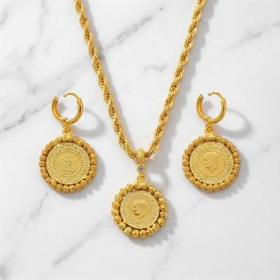 Altın Kaplama Dorikalı Çeyrek Altınlı Kolye Ve Küpe Kombin BND-113