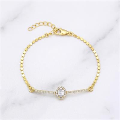 Altın Kaplama Ezme Zincirli Oval Zirkon Taşlı Kadın Bileklik BLK-501