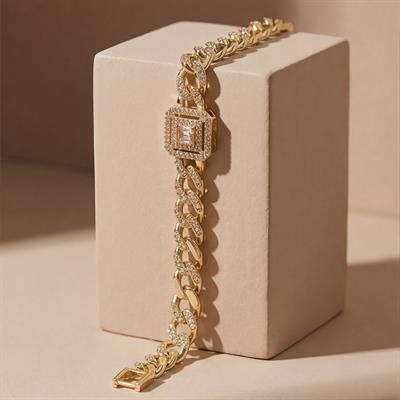 14 Ayar Altın Kaplama Figaro Model Baget Zirkon Taşlı Kadın Bileklik BLK-1276