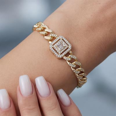 14 Ayar Altın Kaplama Figaro Model Baget Zirkon Taşlı Kadın Bileklik BLK-1276