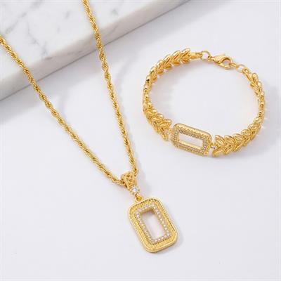 Altın Kaplama Gram Çerçeve Kolye Ucu Ve Gram Çerçeve Çiçek Desenli Bileklik Kombini BND-156