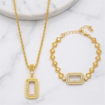 Altın Kaplama Gram Çerçeve Kolye Ucu Ve Gram Çerçeve Çiçekli Bileklik Kombini BND-148