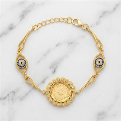 Altın Kaplama İmitasyon Çiçek Model Nazar Boncuklu Çeyrek Altınlı Bileklik BLK-1217