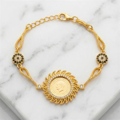 Altın Kaplama İmitasyon Güneş Model Nazar Boncuklu Çeyrek Altınlı Bileklik BLK-1219