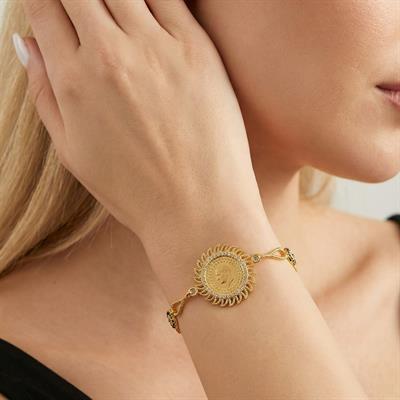 Altın Kaplama İmitasyon Güneş Model Nazar Boncuklu Çeyrek Altınlı Bileklik BLK-1219