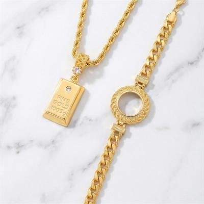 Altın Kaplama İmitasyon Külçe Model Kolye Ve Çeyrek Altın Çerçeveli Bileklik Kombin BND-118