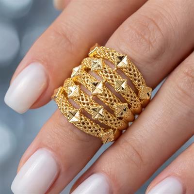 Altın Kaplama Kaburga Model İşlemeli Ayarlanabilir Kadın Yüzük YZK-525