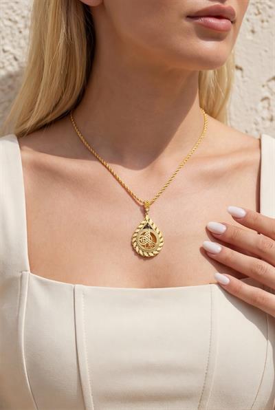 Altın Kaplama Lacivert Taşlı Arpa Model Tuğralı Kolye Ucu TGR-769