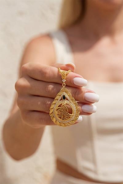 Altın Kaplama Lacivert Taşlı Arpa Model Tuğralı Kolye Ucu TGR-769