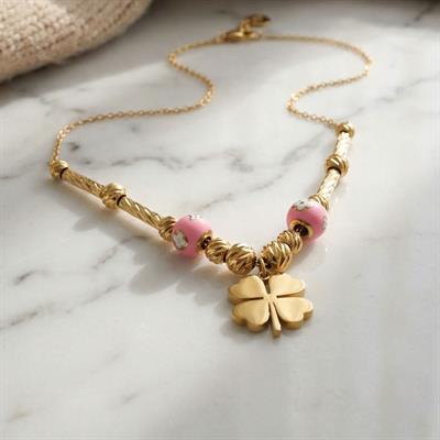 Altın Kaplama Pembe Boncuklu Yonca Kolye 45 cm KLY-452