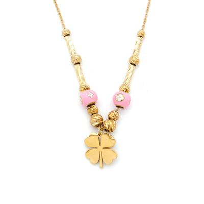 Altın Kaplama Pembe Boncuklu Yonca Kolye 45 cm KLY-452