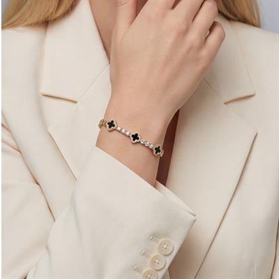 14 Ayar Altın Kaplama Siyah Çiçek Model Zirkon Taşlı Kadın Bileklik BLK-1274