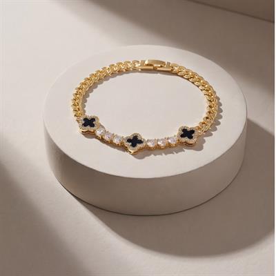14 Ayar Altın Kaplama Siyah Çiçek Model Zirkon Taşlı Kadın Bileklik BLK-1274