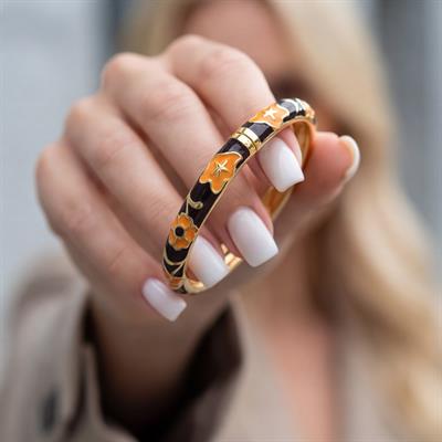 Altın Kaplama Turuncu- Siyah Çiçekli Mineli Kadın Kelepçe BLZ-661