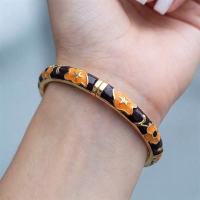 Altın Kaplama Turuncu- Siyah Çiçekli Mineli Kadın Kelepçe BLZ-661