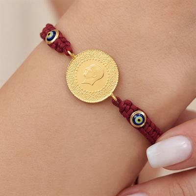 Altın Kaplama Yarım Altınlı Bordo İpli Bileklik BLK-1239