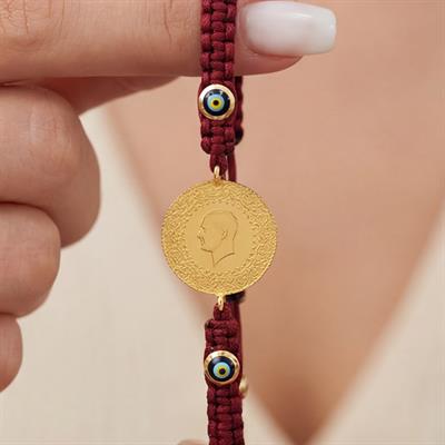 Altın Kaplama Yarım Altınlı Bordo İpli Bileklik BLK-1239