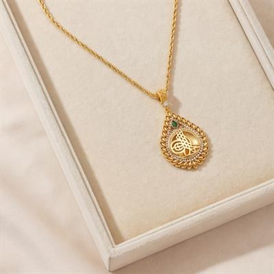 Altın Kaplama Yeşil Taşlı Arpa Model Tuğralı Kolye Ucu TGR-762