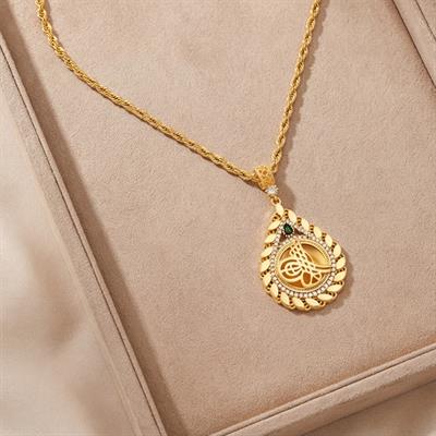 Altın Kaplama Yeşil Taşlı Arpa Model Tuğralı Kolye Ucu TGR-750