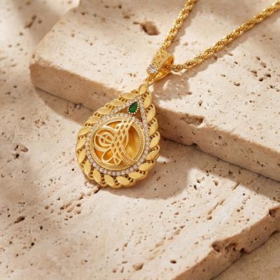 Altın Kaplama Yeşil Taşlı Arpa Model Tuğralı Kolye Ucu TGR-750