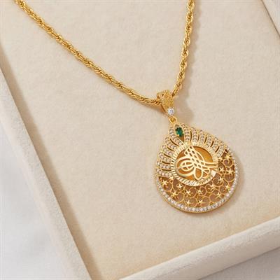 Altın Kaplama Yeşil Taşlı Desenli Model Tuğralı Kolye Ucu TGR-746