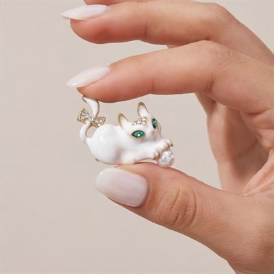 Altın Kaplama Yeşil Taşlı Kedi Model Kadın Broş BR-105