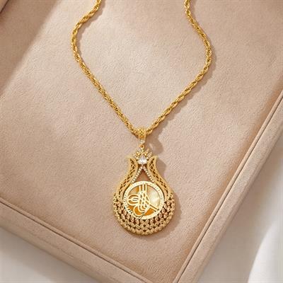 Altın Kaplama Zirkon Taşlı Lale Model Tuğralı Kolye Ucu TGR-756